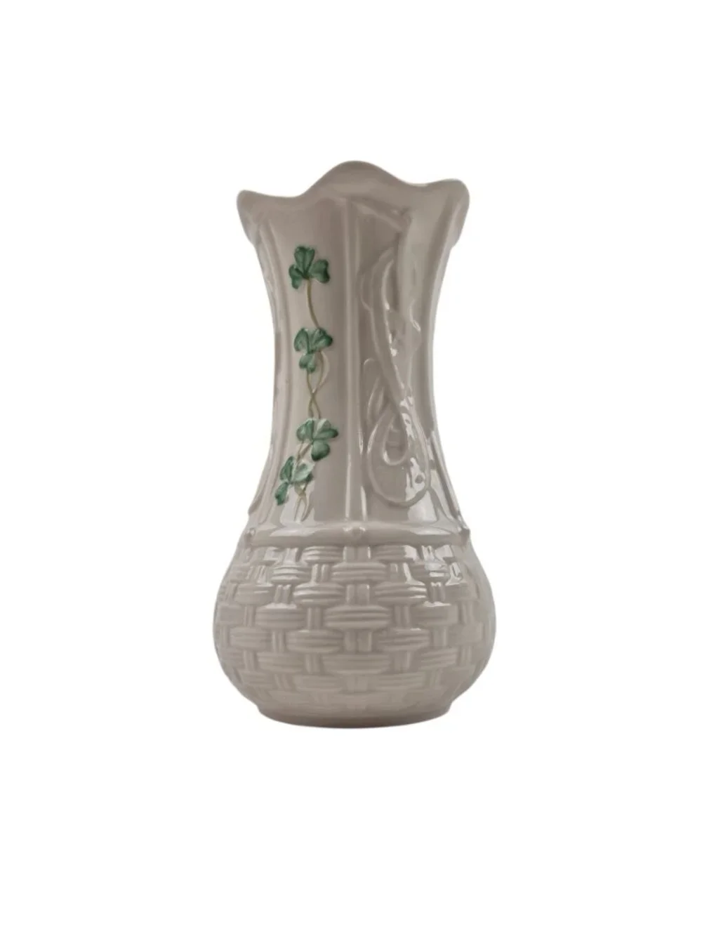 Belleek Shamrock Kells Vase Porcelain 6 in Basketweave Green Mark Vintage